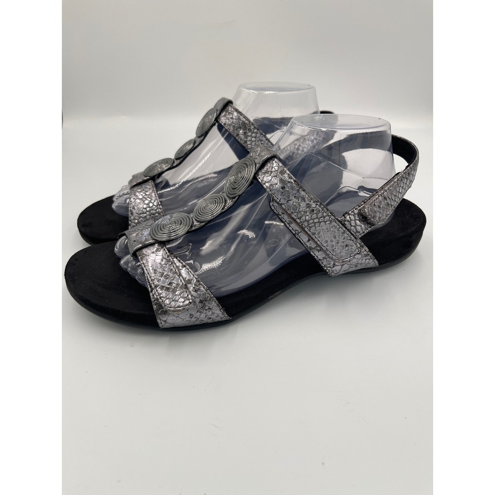 Vionic Farra Metallic Snakeskin Sandals Pewter Silver T-Strap Womens Size 10